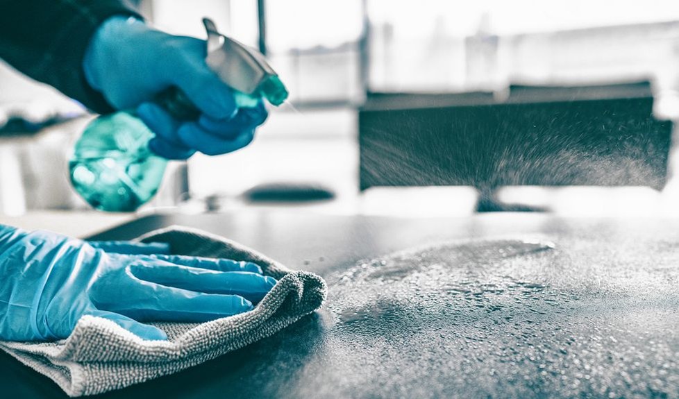 Surface disinfection: a gloved hand sprays disinfectant onto a work surface and wipes it with a cloth